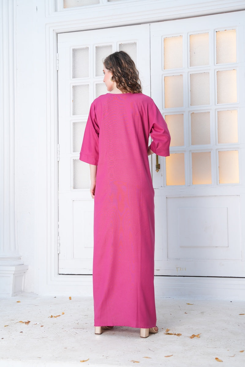 Womens Embroidered A-Line Nightdress - Fuchsia