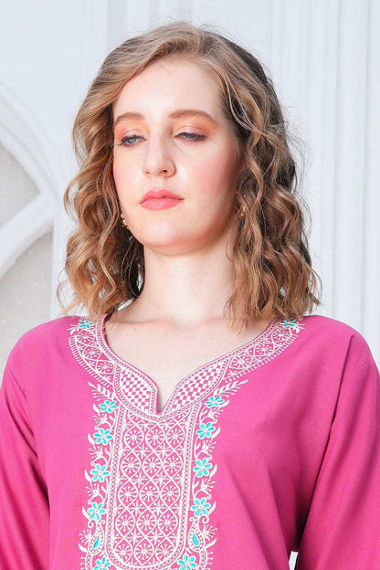 Womens Embroidered A-Line Nightdress - Fuchsia