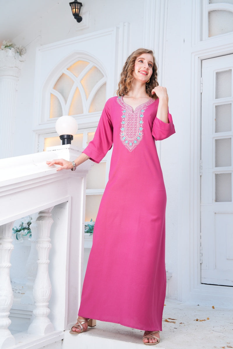 Womens Embroidered A-Line Nightdress - Fuchsia