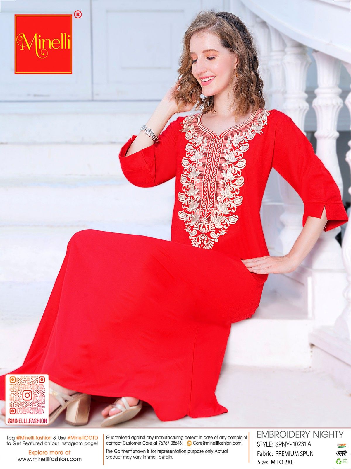 Womens Embroidered A-Line Nightdress - Red
