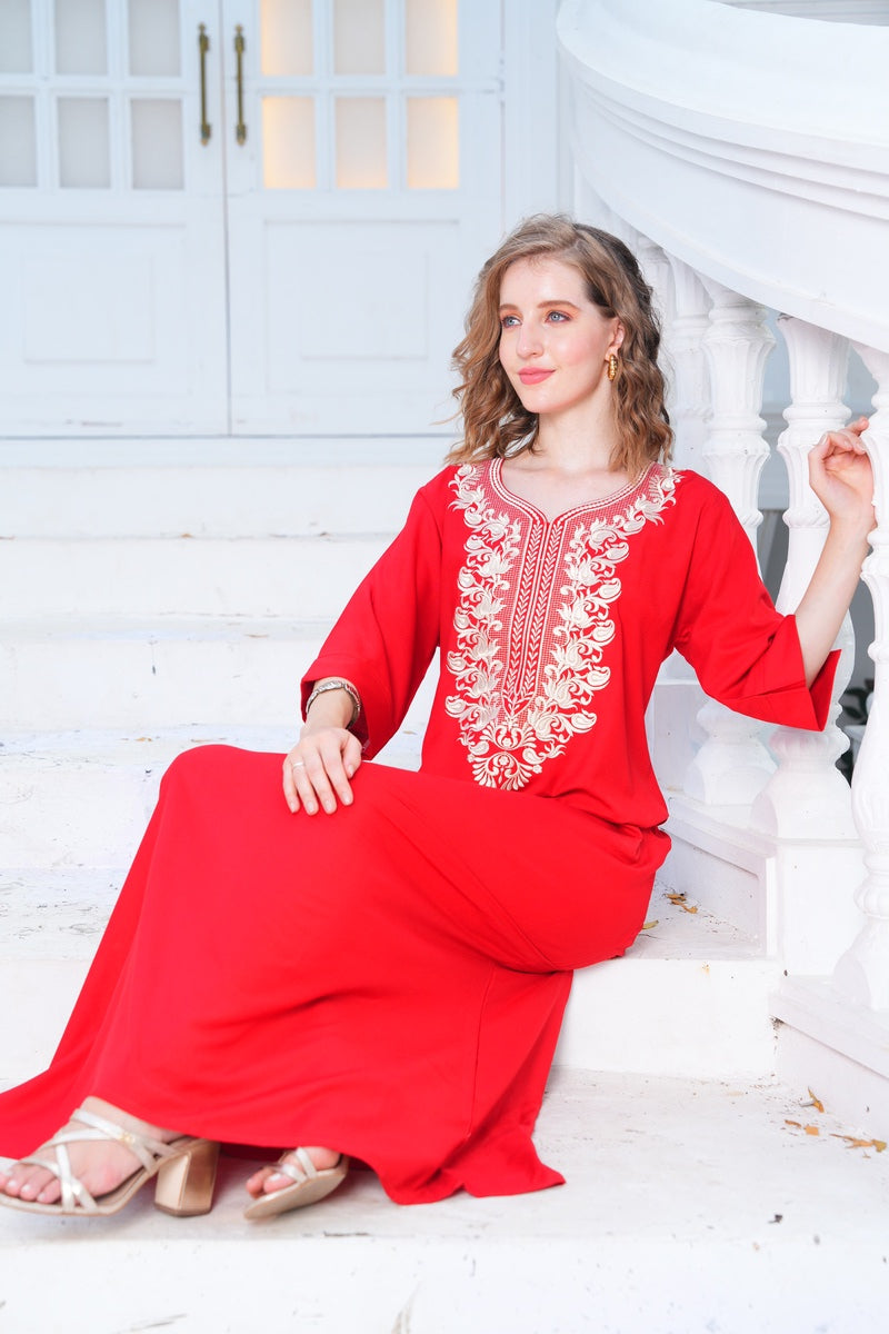 Womens Embroidered A-Line Nightdress - Red