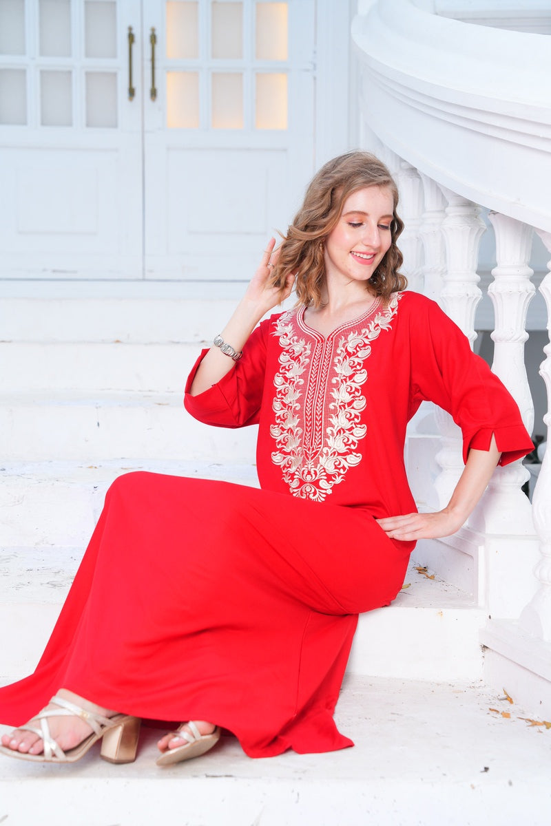 Womens Embroidered A-Line Nightdress - Red