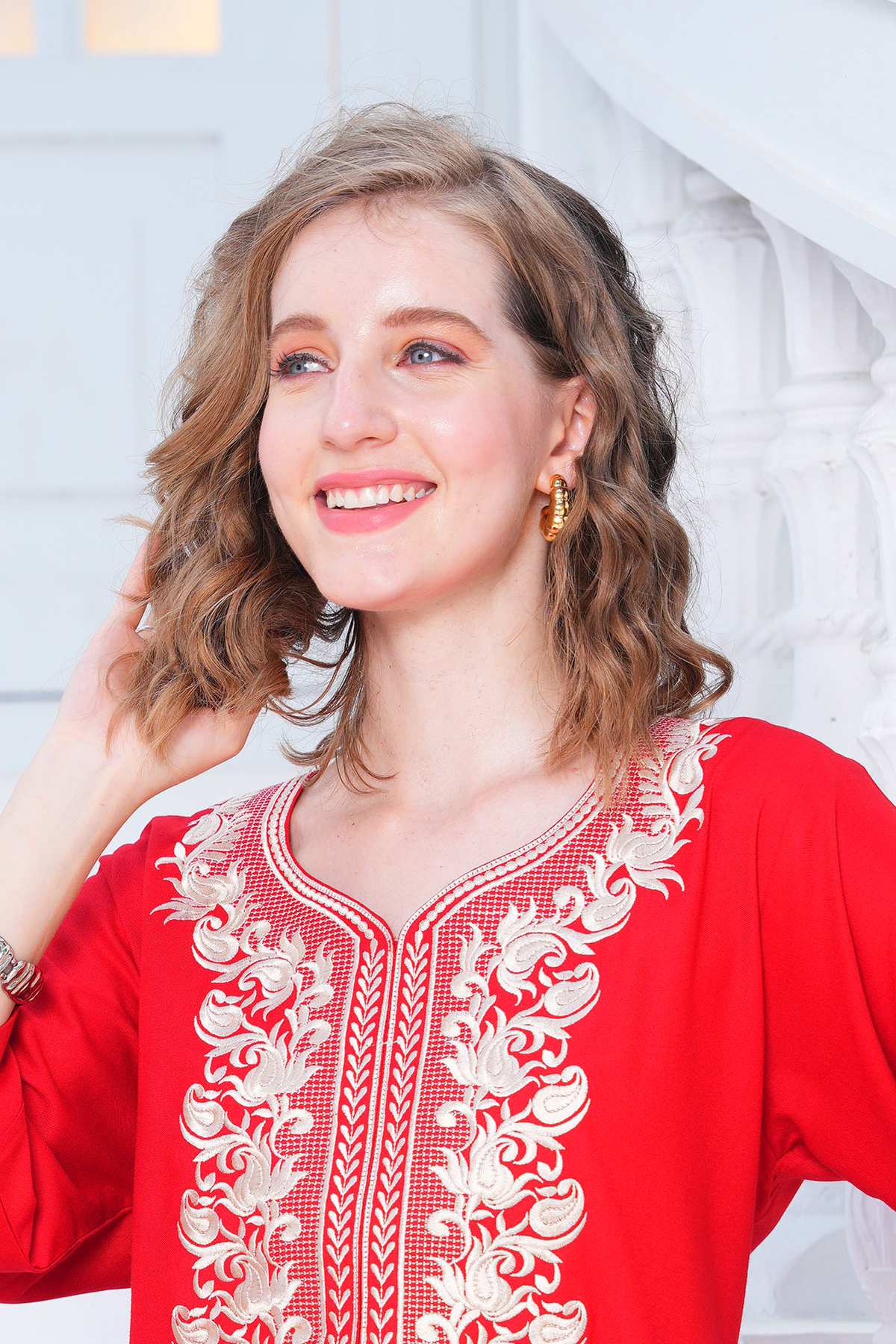 Womens Embroidered A-Line Nightdress - Red
