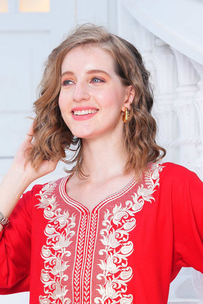 Womens Embroidered A-Line Nightdress - Red