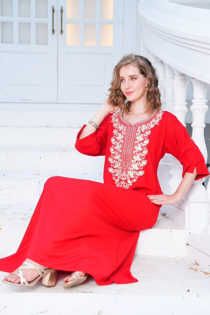 Womens Embroidered A-Line Nightdress - Red