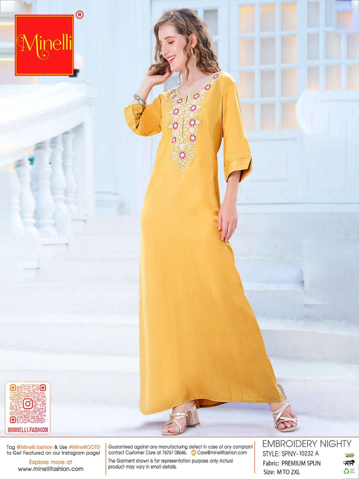 Womens Embroidered A-Line Nightdress - Yellow