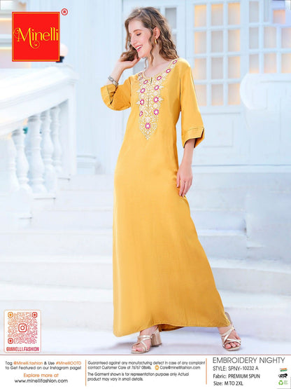Womens Embroidered A-Line Nightdress - Yellow