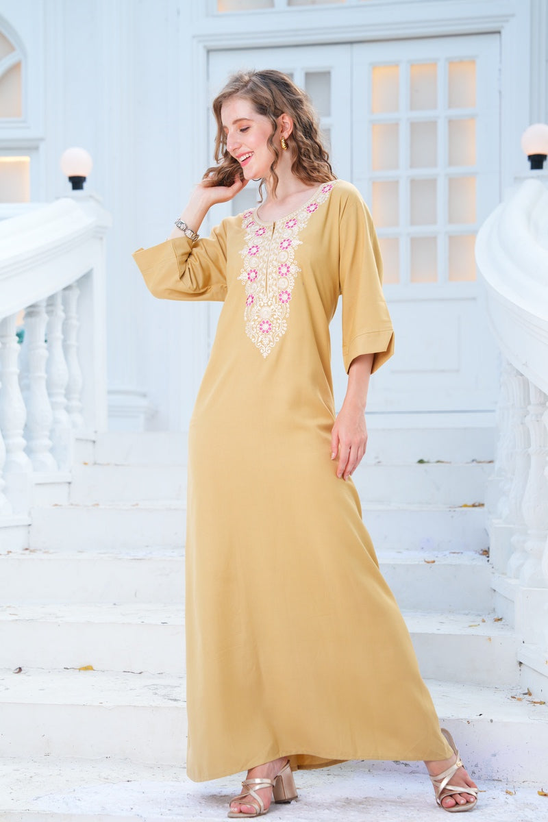 Womens Embroidered A-Line Nightdress - Yellow