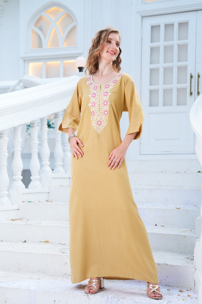 Womens Embroidered A-Line Nightdress - Yellow