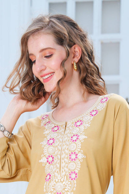 Womens Embroidered A-Line Nightdress - Yellow