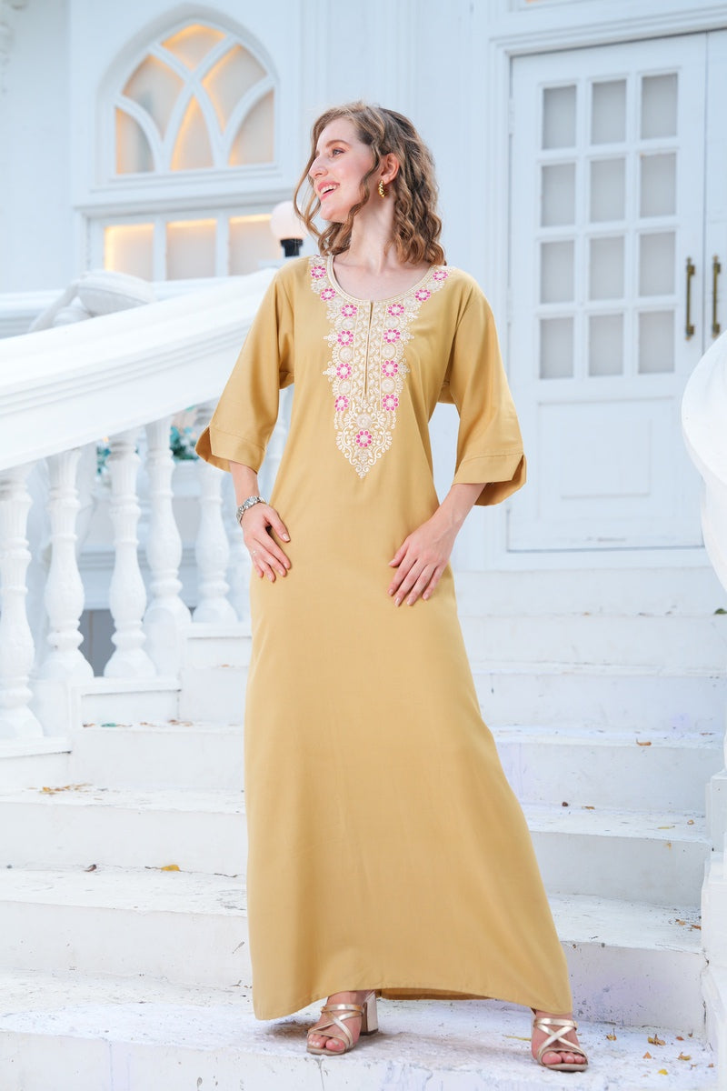 Womens Embroidered A-Line Nightdress - Yellow