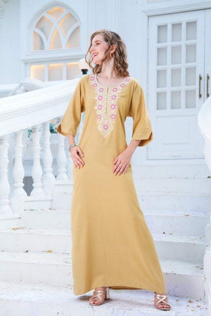 Womens Embroidered A-Line Nightdress - Yellow