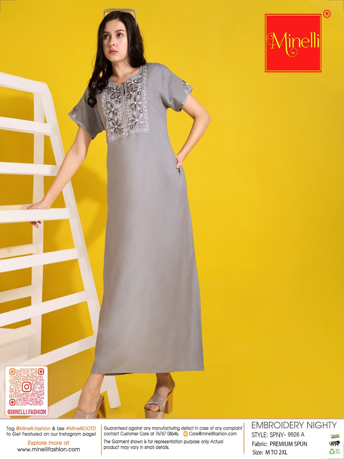 Womens Embroidered A-Line Nightdress - Grey