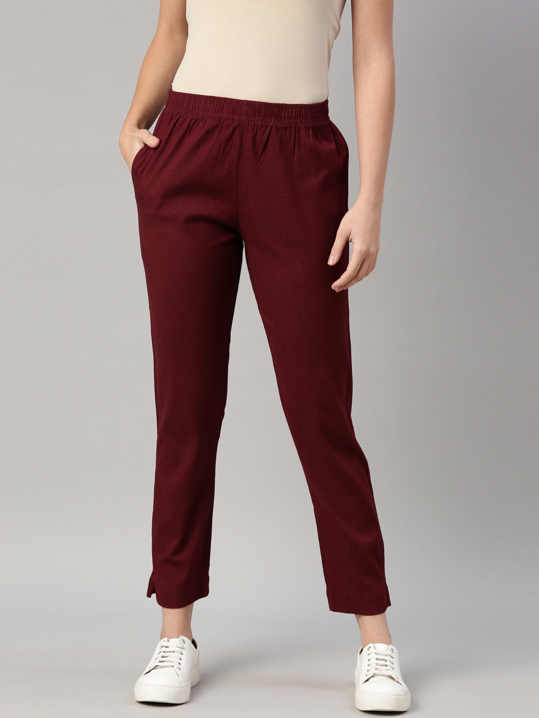 Womens Stretchable Solid Cigar Pant - Wine