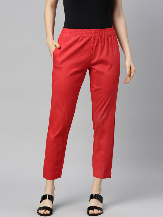 Womens Stretchable Solid Cigar Pant - Red