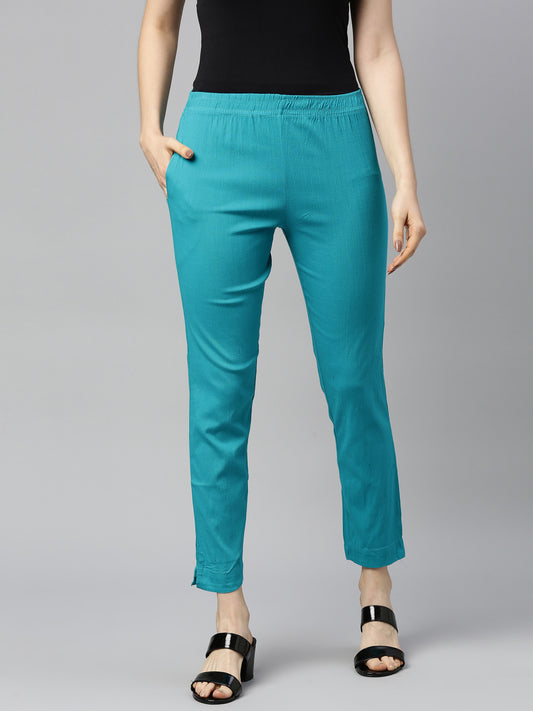 Womens Stretchable Solid Cigar Pant - Sea Green