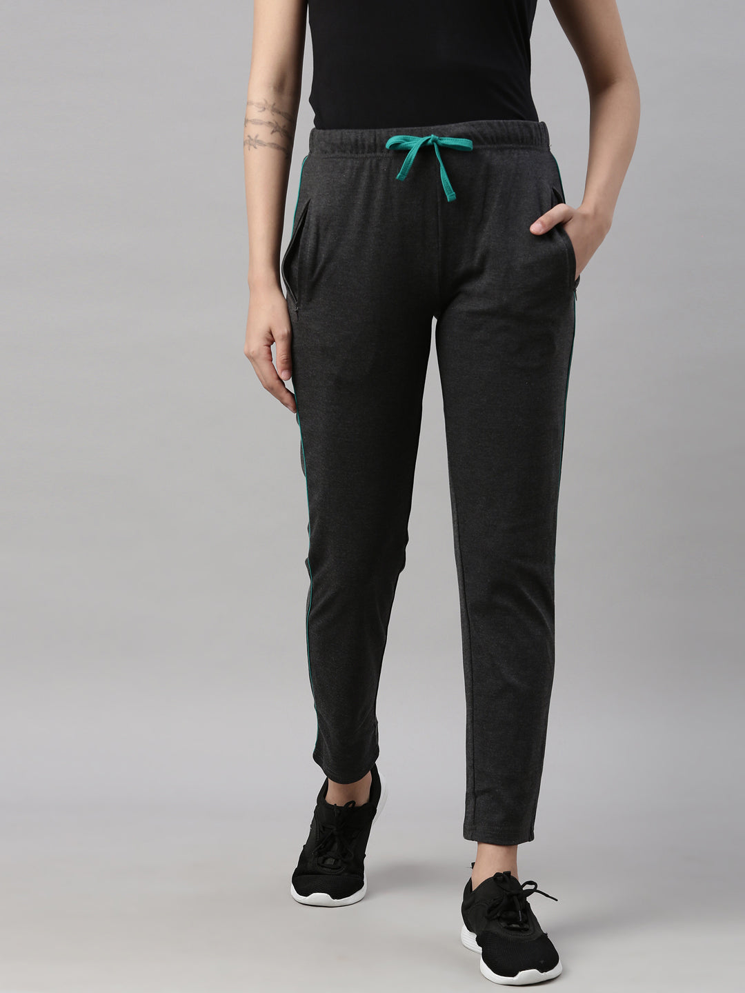 Womens Yoga Regular Pant With Zipper Pocket - Charcoal Grey