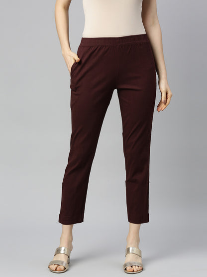 Womens Stretchable Solid Cigar Pant - Coffee