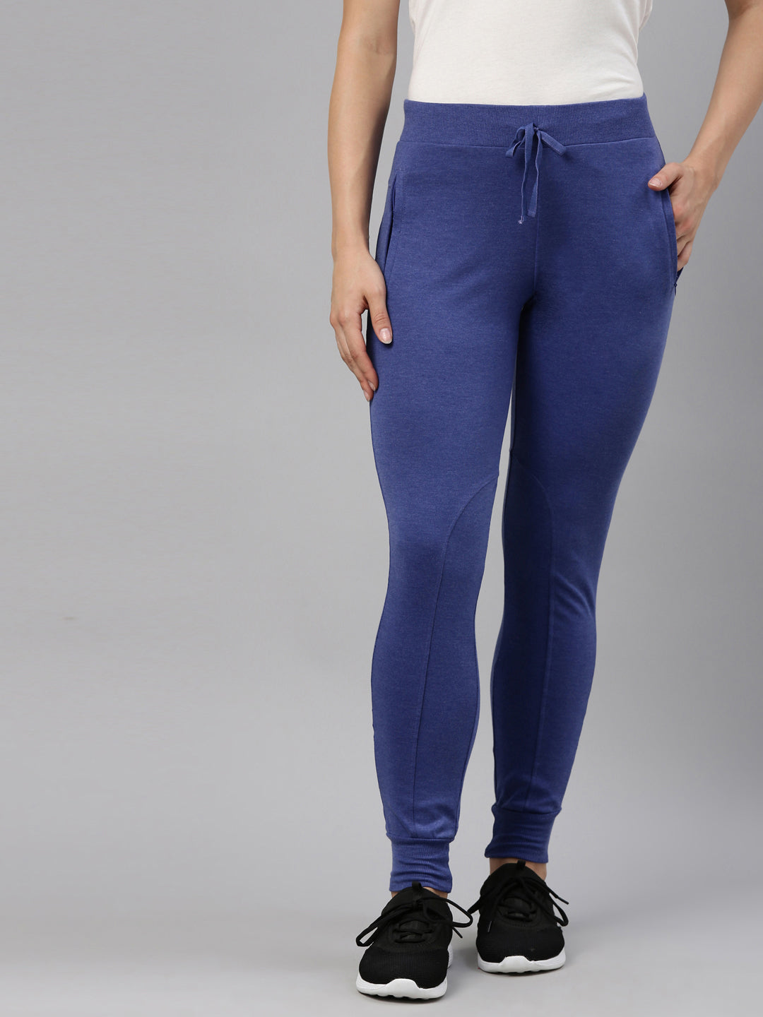 Womens Narrow Bottom Joggers With Side Pockets - Blue Melange