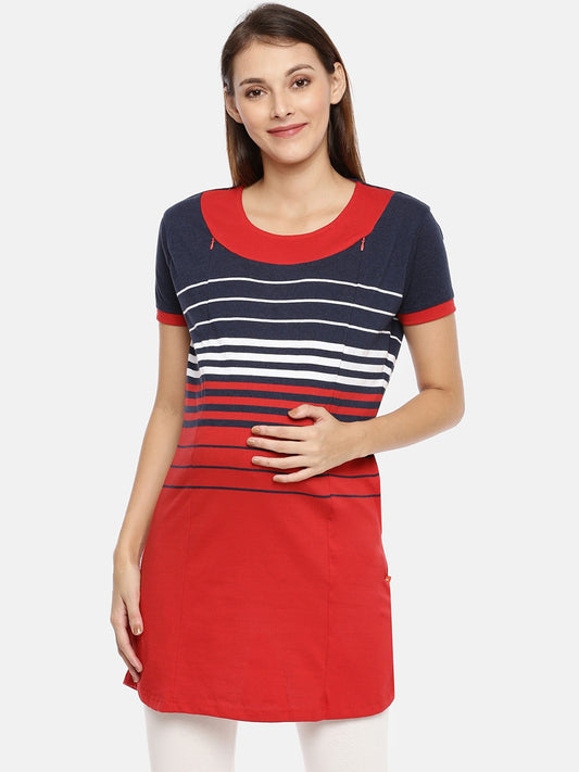 Womens Striped Longline Maternity Tees - Red