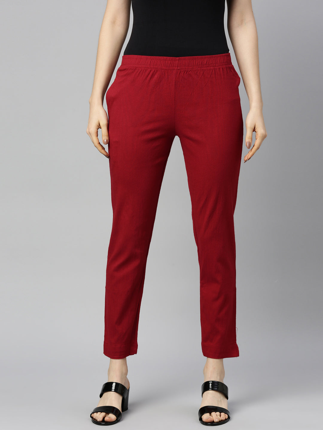 Womens Stretchable Solid Cigar Pant - Maroon