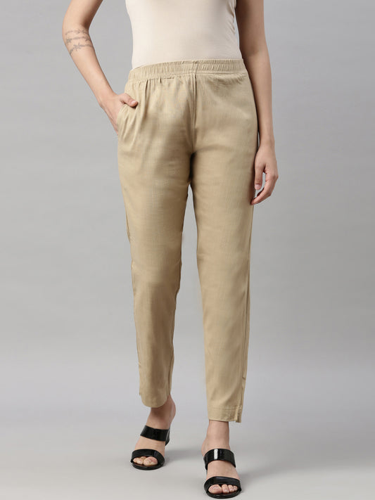 Womens Stretchable Solid Cigar Pant - L.Chickoo