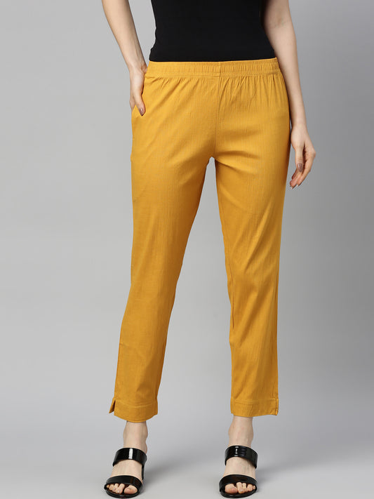 Womens Stretchable Solid Cigar Pant - Mustard