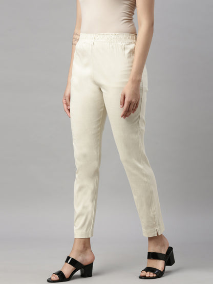 Womens Stretchable Solid Cigar Pant - Cream