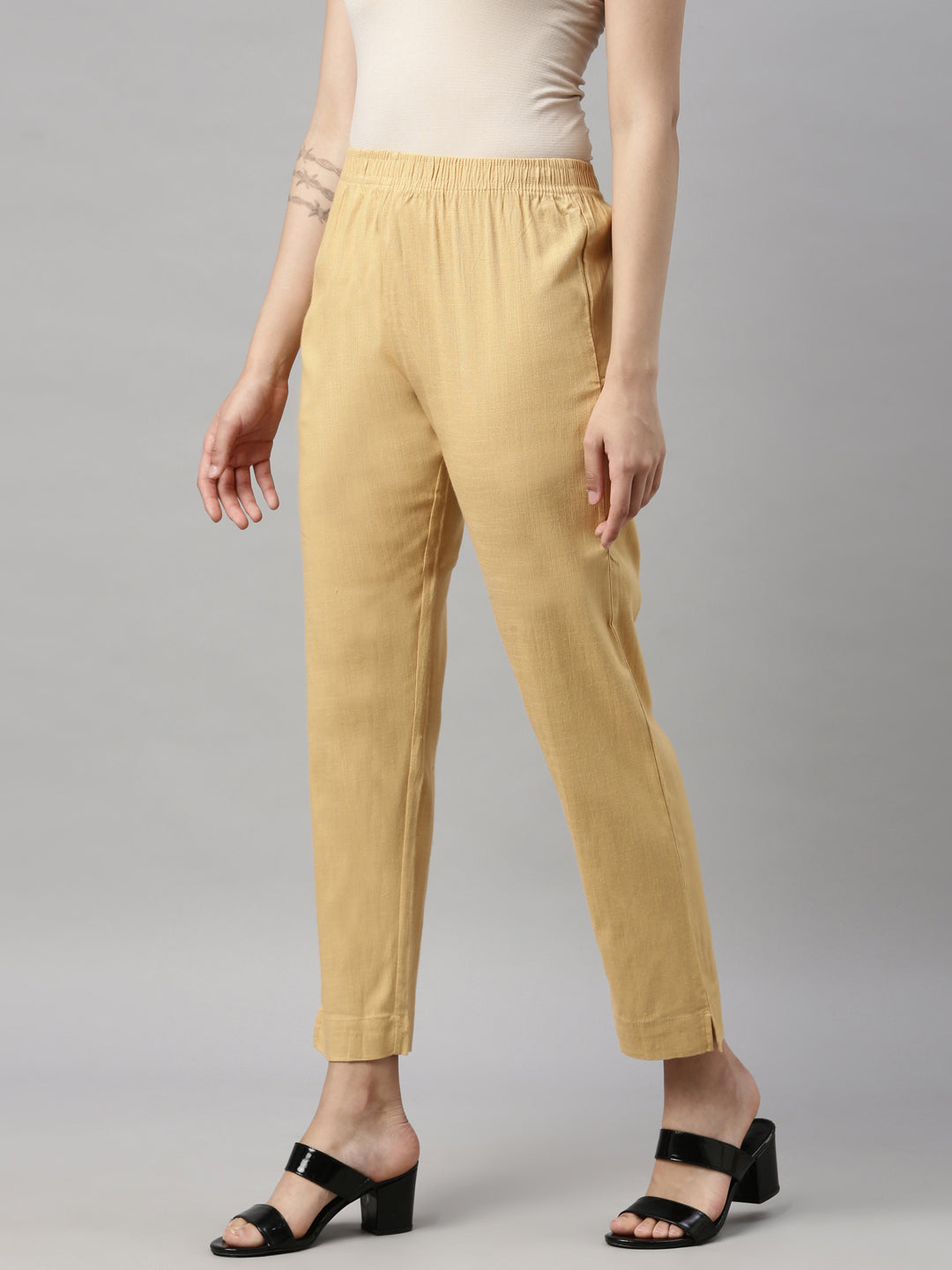 Womens Stretchable Solid Cigar Pant - Skin