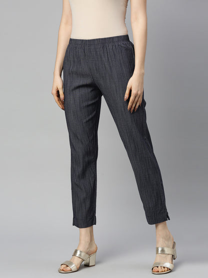 Womens Stretchable Solid Cigar Pant - Denim Blue