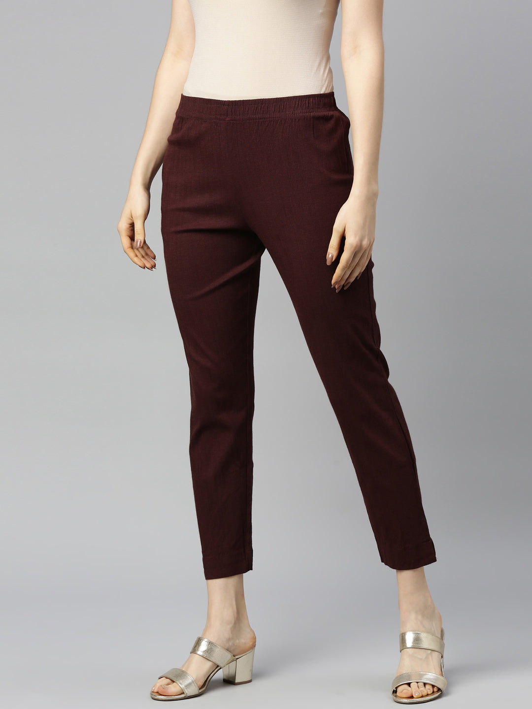 Womens Stretchable Solid Cigar Pant - Coffee