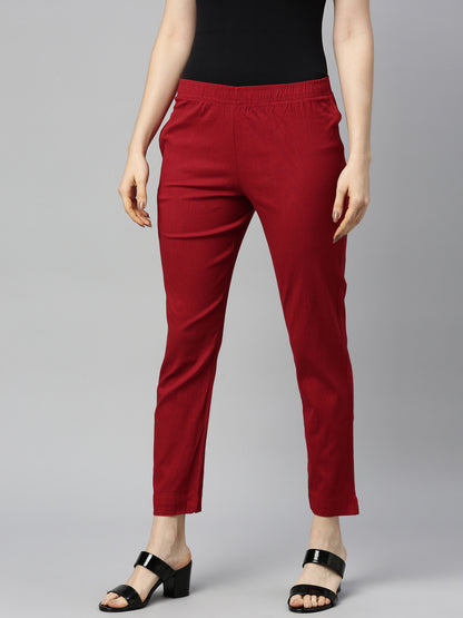 Womens Stretchable Solid Cigar Pant - Maroon