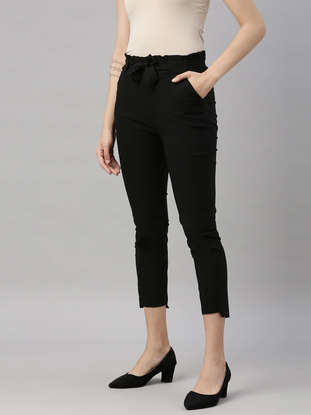 Amazon.com: LIUMILAC Women Elastic Waist Pencil Pants Belt Decorated Capris  Solid Black Cropped Pants : Clothing, Shoes & Jewelry