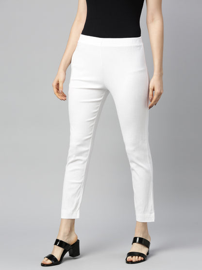 Womens Stretchable Solid Cigar Pant - White