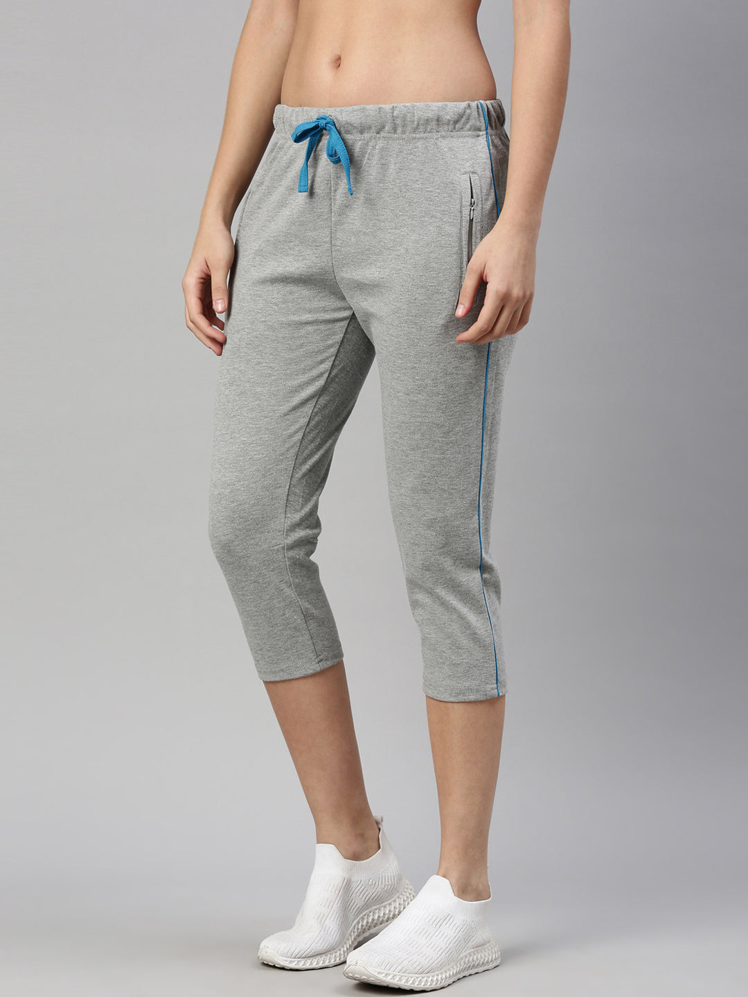 Womens Yoga Capri With Zipper Pocket - Grey Melange