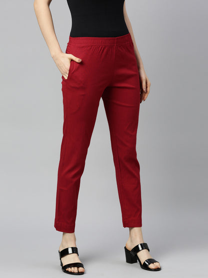 Womens Stretchable Solid Cigar Pant - Maroon