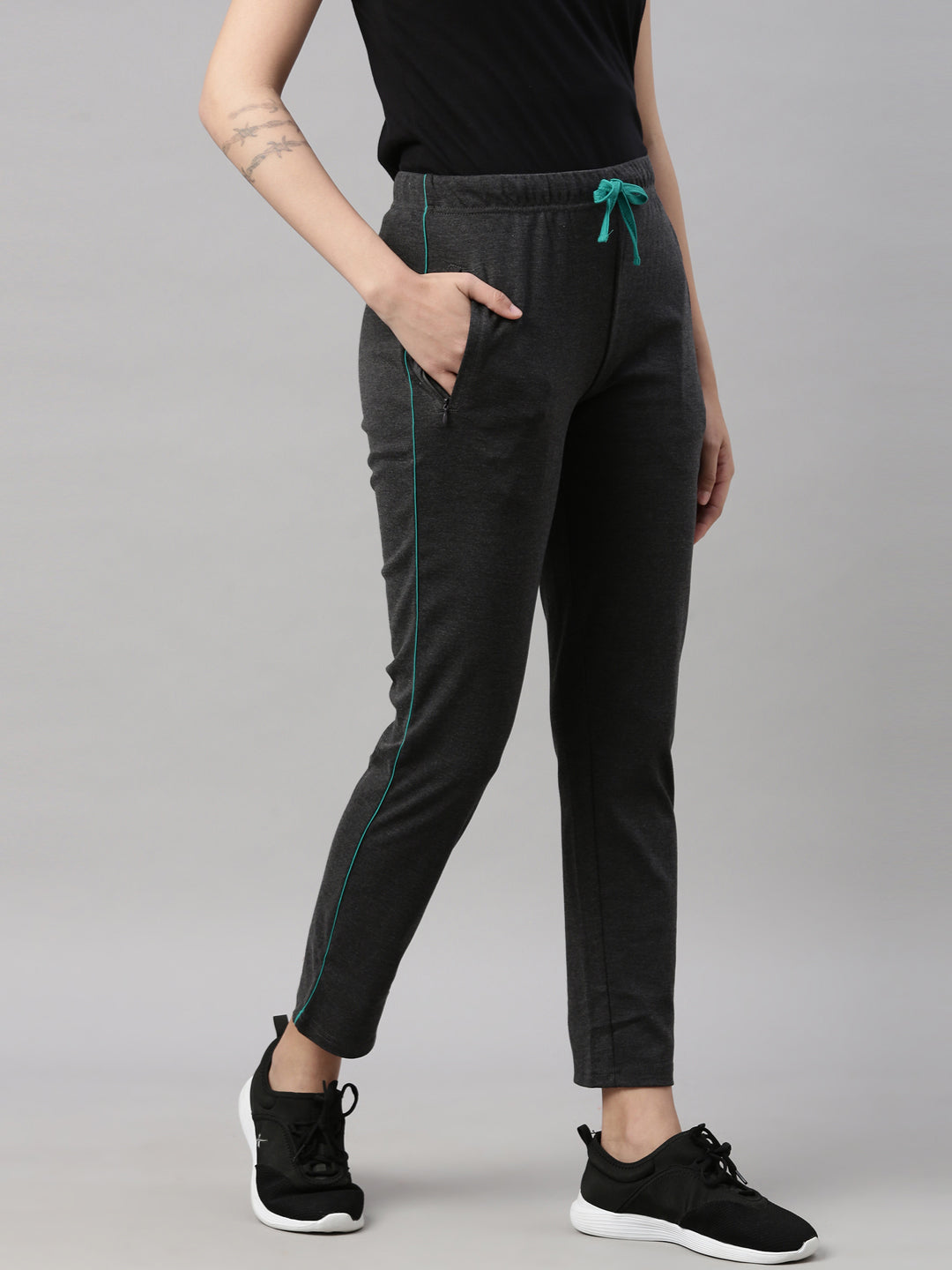 Womens Yoga Regular Pant With Zipper Pocket - Charcoal Grey