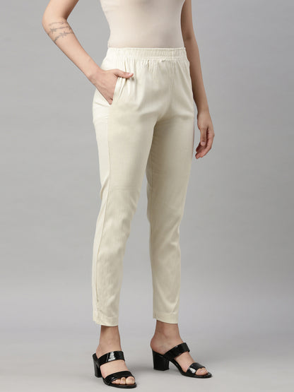 Womens Stretchable Solid Cigar Pant - Cream