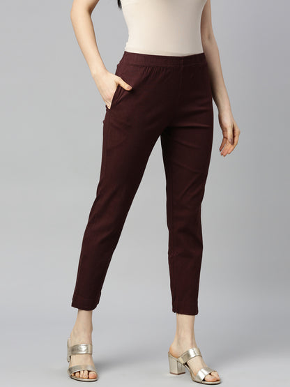 Womens Stretchable Solid Cigar Pant - Coffee