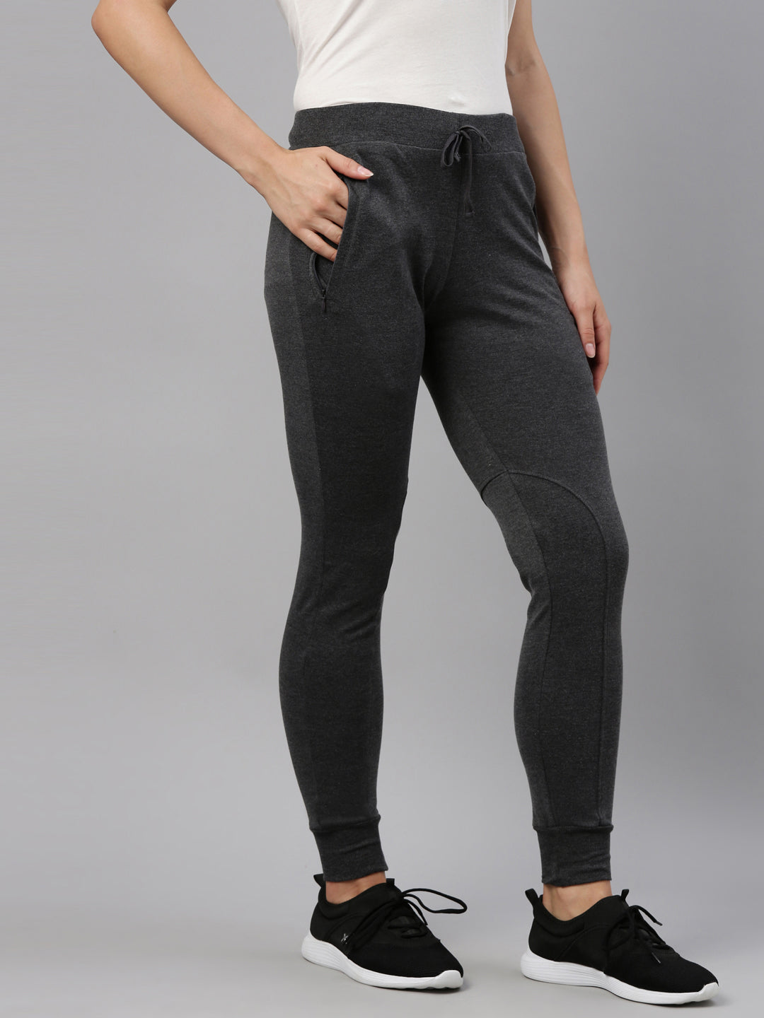 Womens Narrow Bottom Joggers With Side Pockets - Charcoal Grey