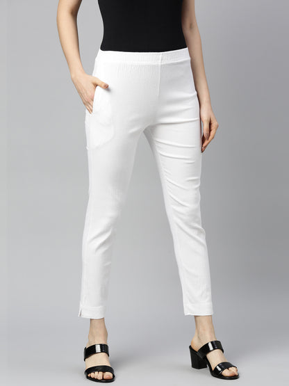 Womens Stretchable Solid Cigar Pant - White