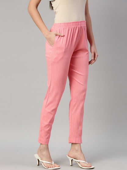 Womens Stretchable Solid Cigar Pant - Pink