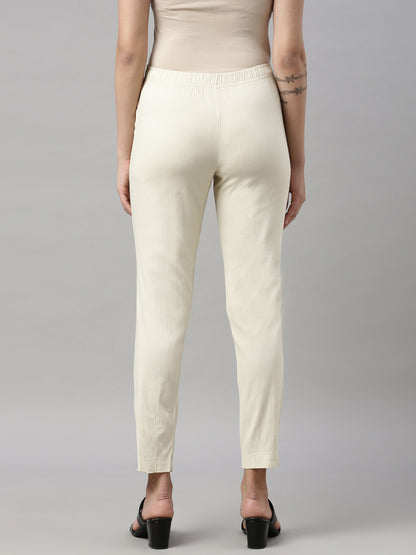 Womens Stretchable Solid Cigar Pant - Cream