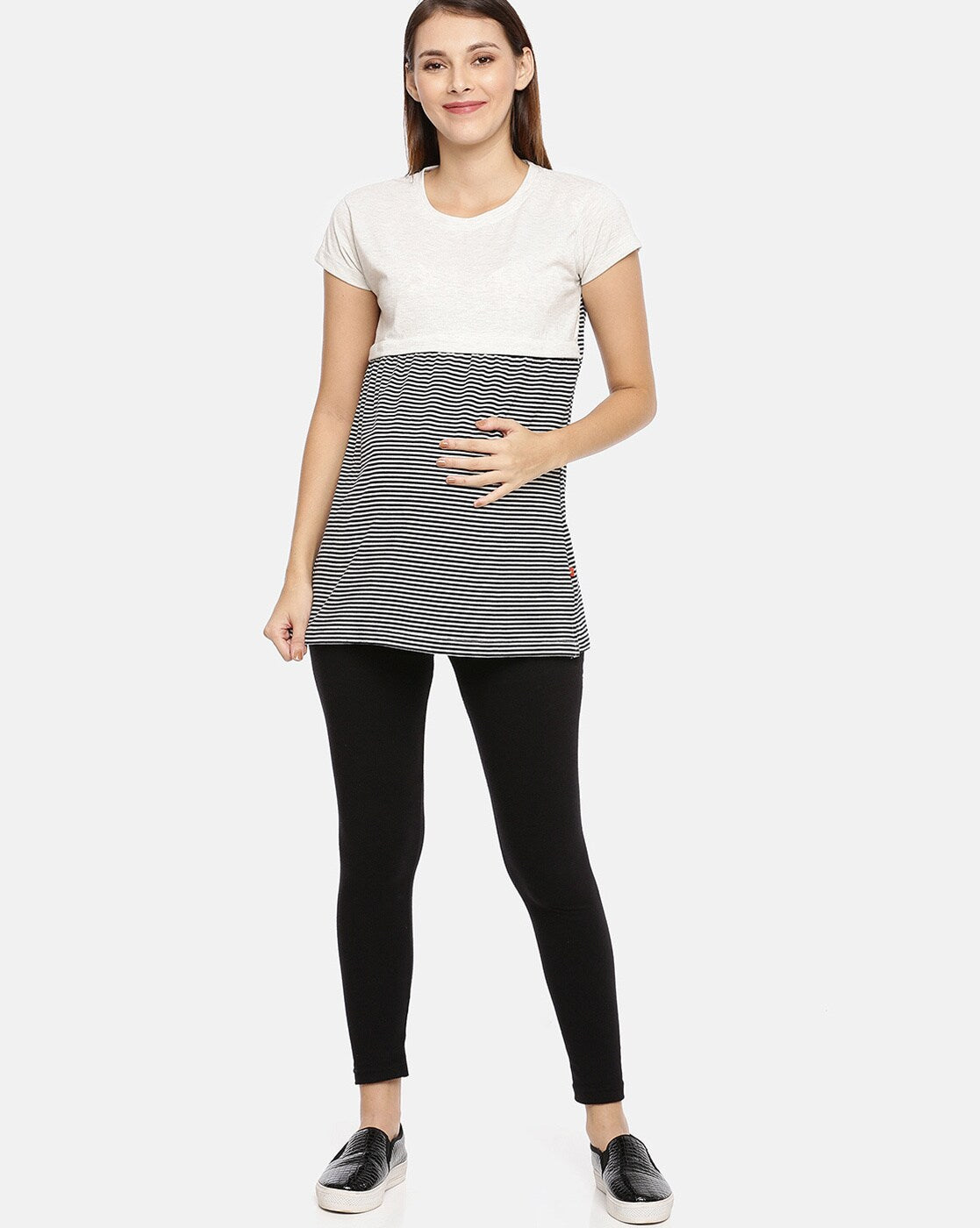 Womens Striped Longline Maternity Tees - Off white