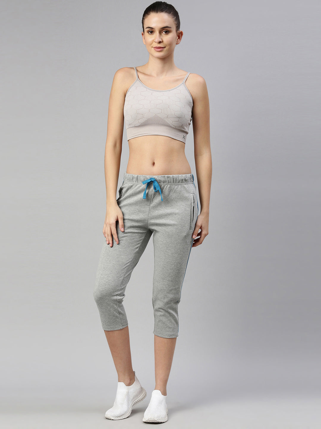 Womens Yoga Capri With Zipper Pocket - Grey Melange