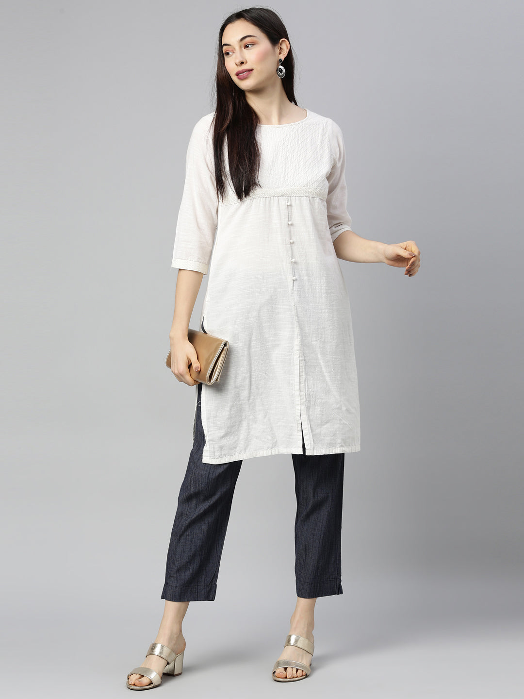 Womens Stretchable Solid Cigar Pant - Denim Blue