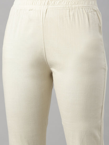 Womens Stretchable Solid Cigar Pant - Cream